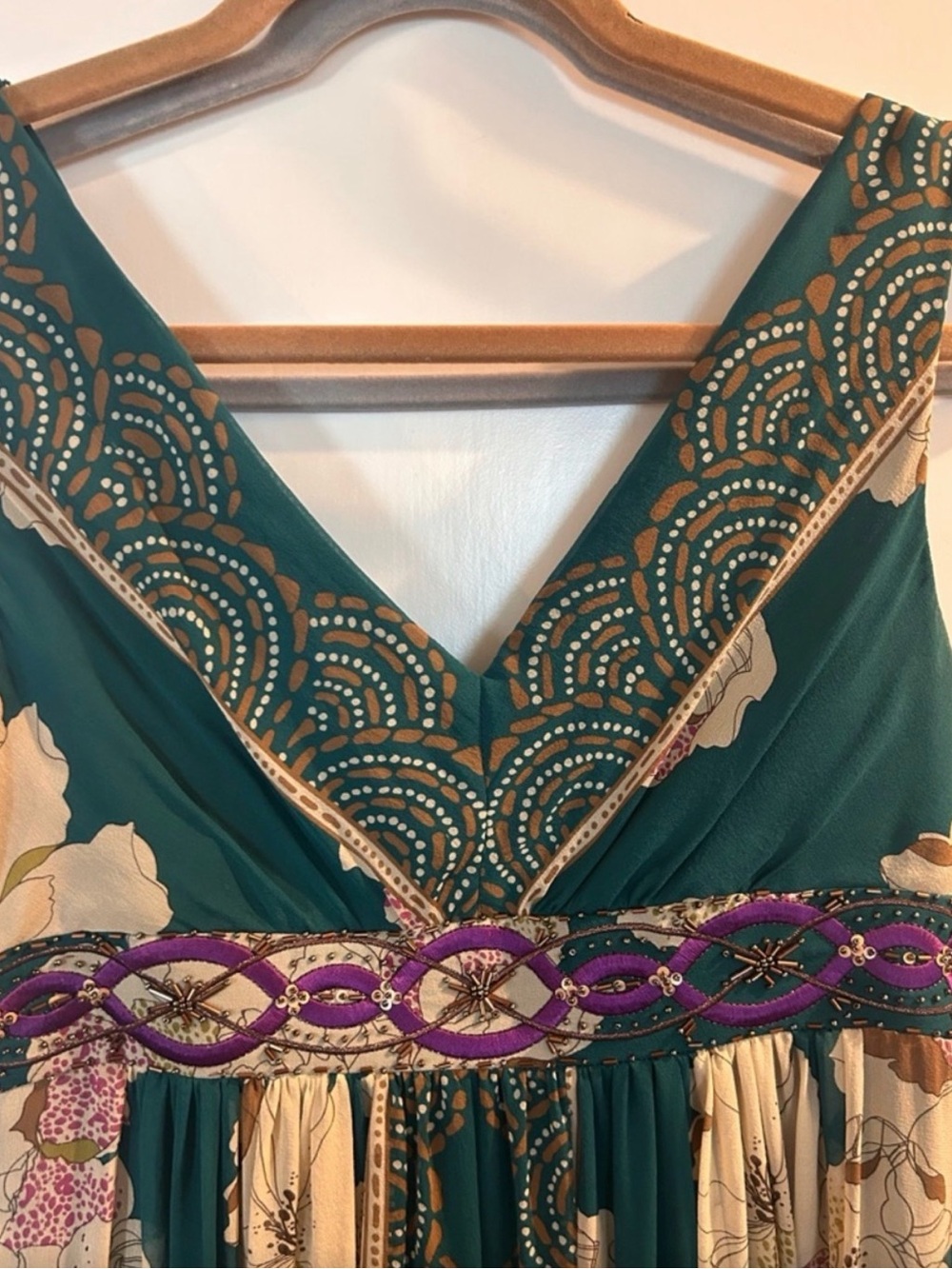 Adrianna Papell Teal Floral V-Neck Dress with Purple Embellished Waist - Picture 9 of 13